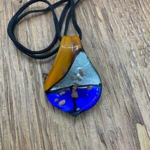 Murano Style Glass Teardrop Pendant Orange Blue Metallic Flakes Necklace